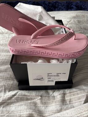 Versace Pink Platform Greek Key Logo Flip Flops